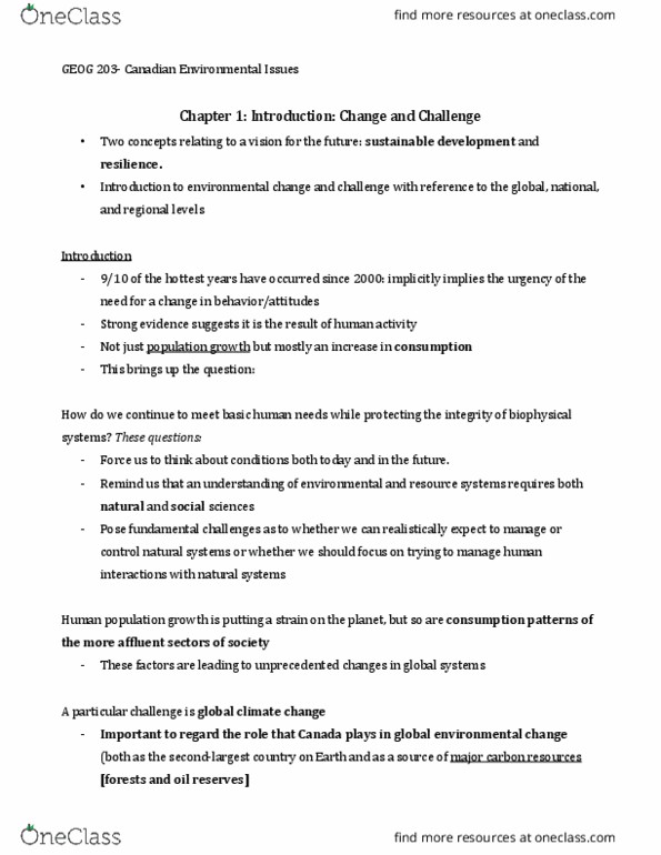 GEOG 203 Lecture Notes - Lecture 2: Sustainable Development, Cryosphere, Millennium Ecosystem Assessment thumbnail