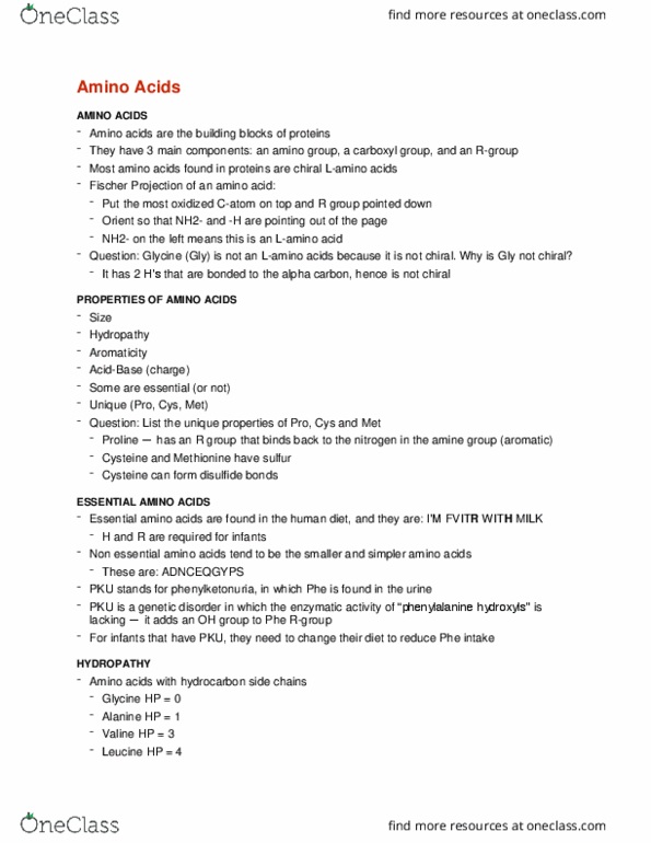 BCEM 393 Lecture Notes - Lecture 3: Aromatic Amino Acids, Fischer Projection, Amine thumbnail