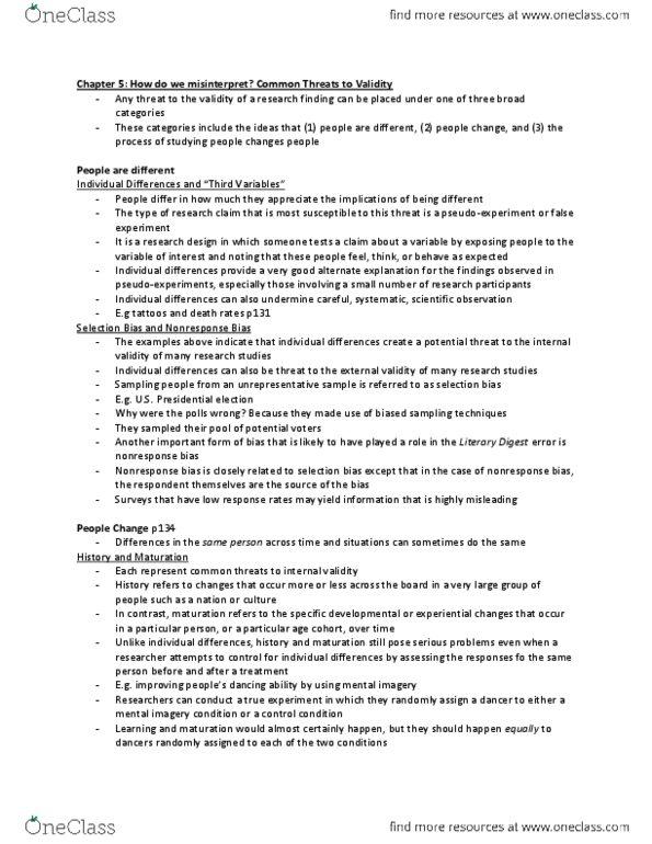 PSYCH291 Chapter Notes - Chapter 5: Observer-Expectancy Effect, Internal Validity, Experiment thumbnail