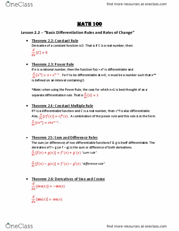 MATH 100 Lecture Notes - Lecture 2: Differentiable Function, Power Rule, Constant Function thumbnail