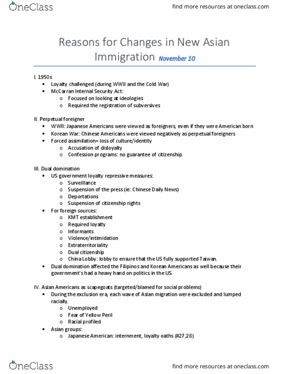 ASAMST 20A Lecture Notes - Lecture 15: Immigration And Nationality Act Of 1965, Cold War, China Lobby thumbnail
