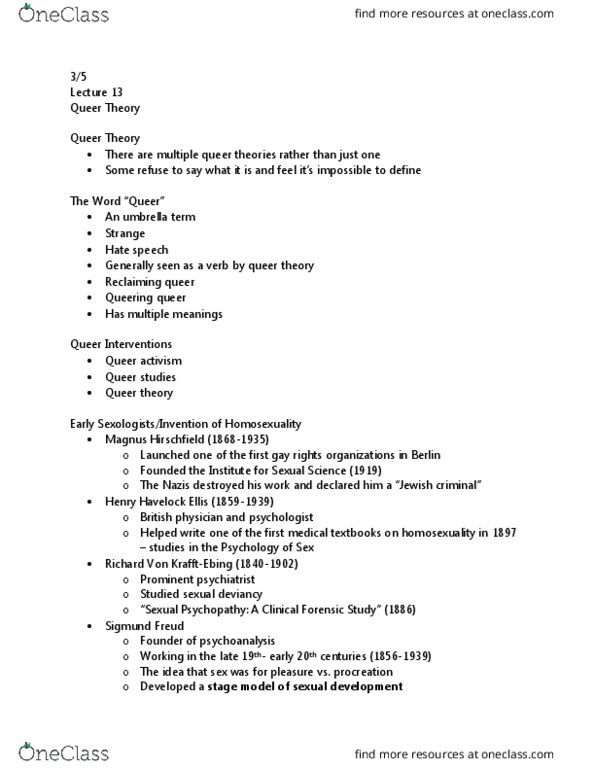 WOMS200 Lecture Notes - Lecture 13: Havelock Ellis, Queer Theory, Queer Studies thumbnail