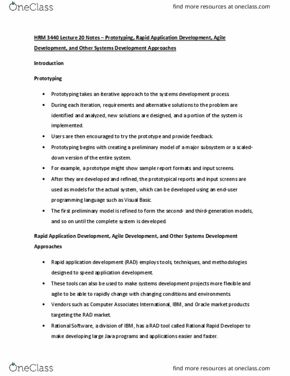 HRM 3440 Lecture Notes - Lecture 20: Rapid Application Development, Ca Technologies, Rational Software thumbnail