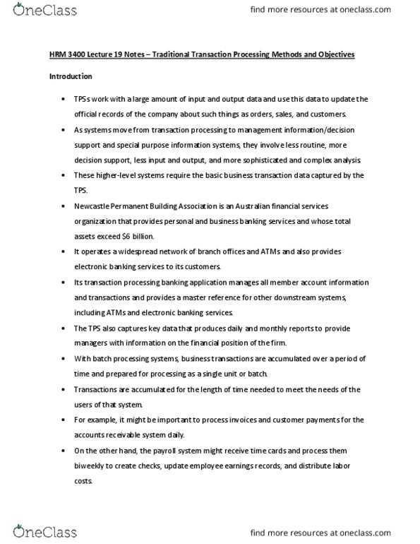 HRM 3400 Lecture Notes - Lecture 19: Transaction Processing, Complex Analysis, Accounts Receivable thumbnail