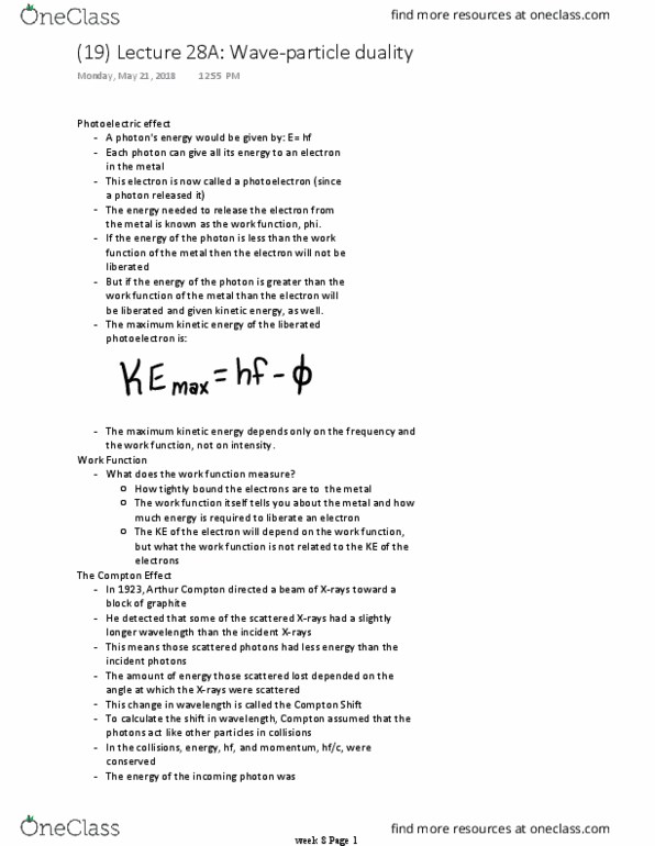 PHYS 1C Lecture Notes - Lecture 19: Arthur Compton, Work Function, Photon thumbnail