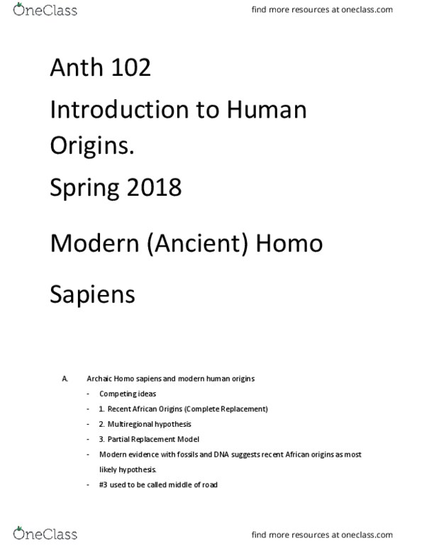ANTH 102 Lecture Notes - Lecture 67: Multiregional Origin Of Modern Humans thumbnail