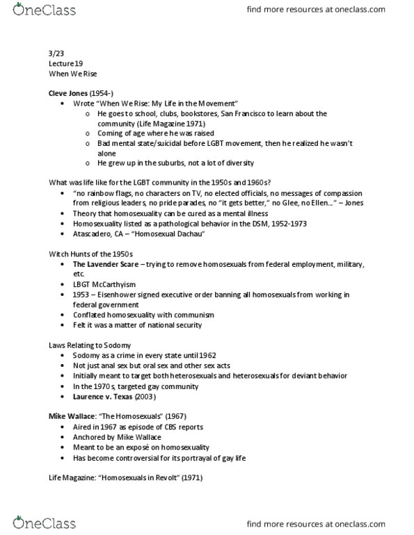 WOMS200 Lecture Notes - Lecture 19: When We Rise, Cleve Jones, Allen Ginsberg thumbnail