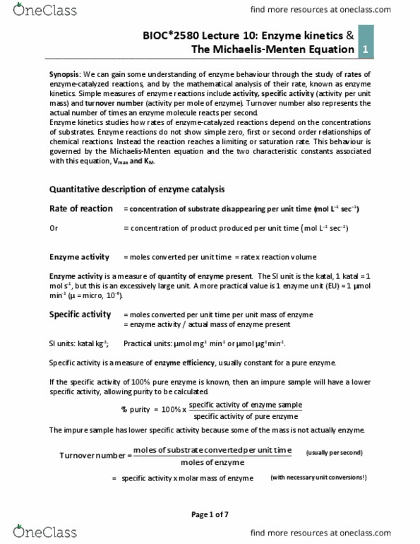 BIOC 2580 Lecture Notes - Lecture 10: Turnover Number, Enzyme Kinetics, Molar Mass thumbnail
