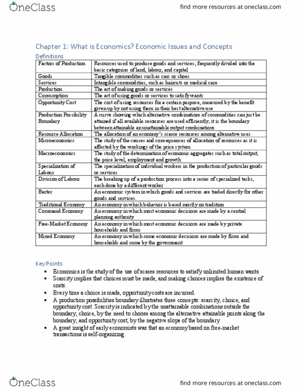 ECON-1006EL Chapter Notes - Chapter 1: Mixed Economy, Opportunity Cost thumbnail