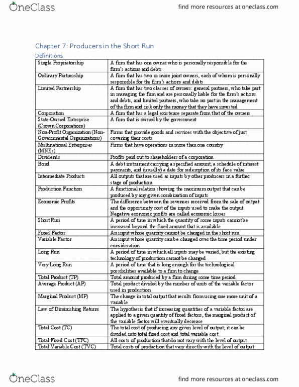 ECON-1006EL Chapter Notes - Chapter 7: Average Variable Cost, Fixed Cost, Variable Cost thumbnail