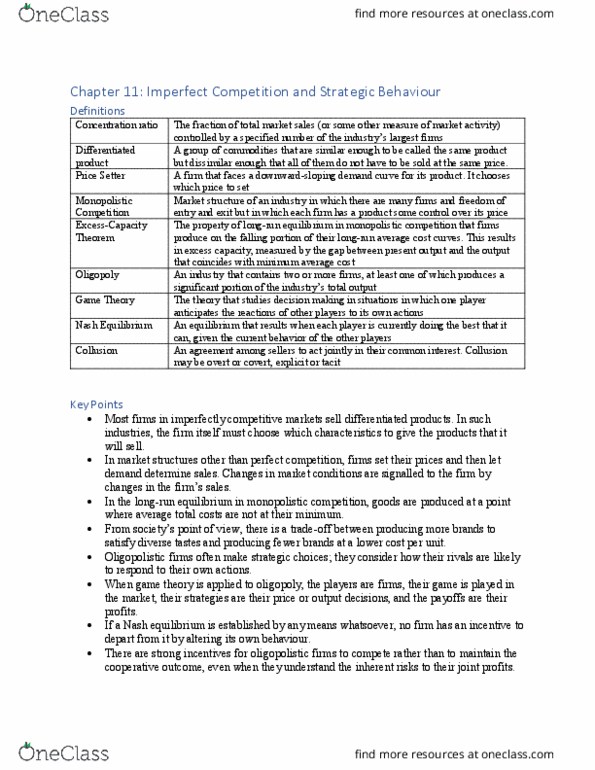 ECON-1006EL Chapter Notes - Chapter 11: Imperfect Competition, Nash Equilibrium, Monopolistic Competition thumbnail