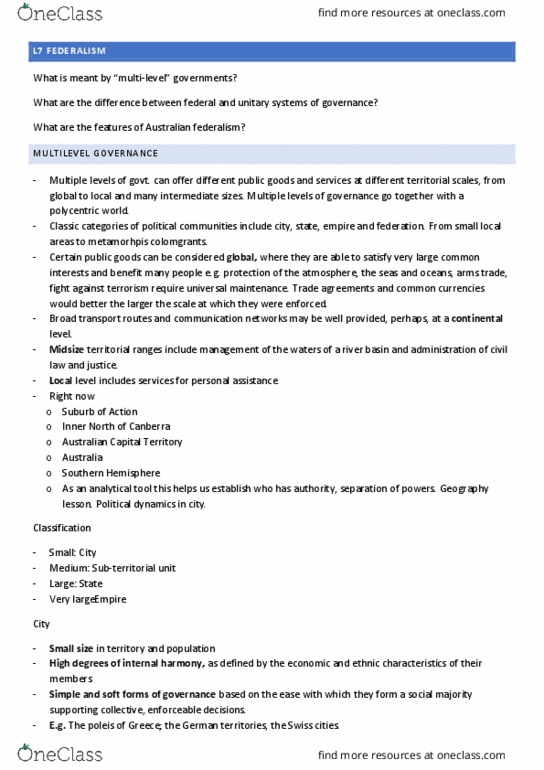 POLS1002 Lecture Notes - Lecture 7: Federalism In Australia, Russian Empire, Drainage Basin thumbnail