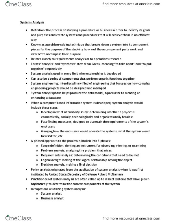 MIS 2101 Lecture Notes - Lecture 2: System Analysis, Requirements Analysis, Systems Engineering thumbnail