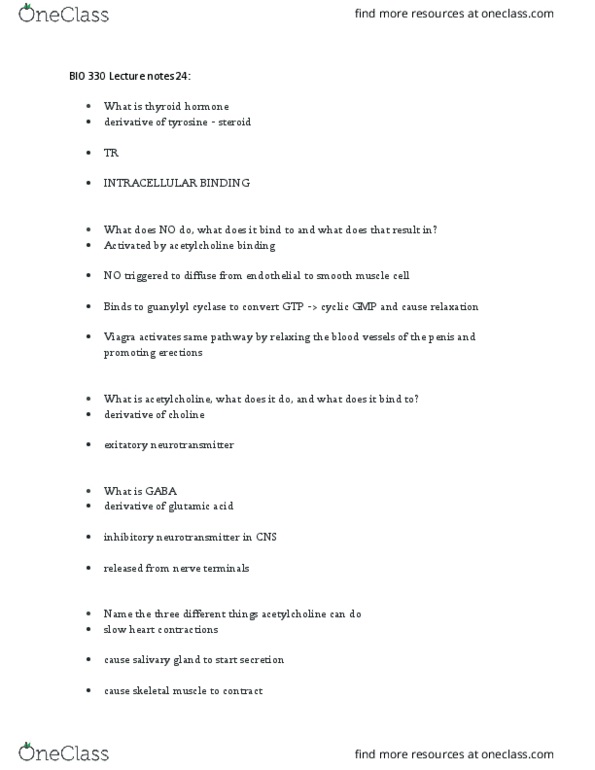 BIO 330 Lecture Notes - Lecture 24: Guanylyl Cyclase, Cyclic Guanosine Monophosphate, Smooth Muscle Tissue thumbnail