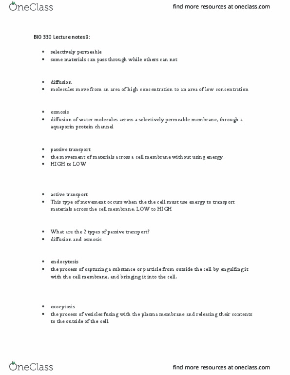 BIO 330 Lecture Notes - Lecture 9: Passive Transport, Ion Channel, Osmosis thumbnail