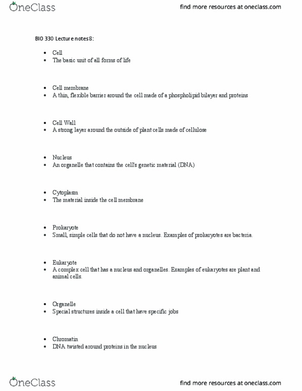 BIO 330 Lecture Notes - Lecture 8: Lipid Bilayer, Complex Cell, Organelle thumbnail