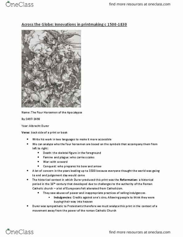 ARTHIST 1AA3 Lecture Notes - Lecture 17: Albrecht Dürer, Printmaking, Indulgence thumbnail