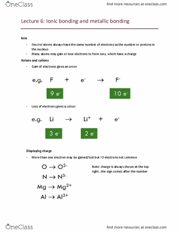 CHEM1011 Lecture Notes - Lecture 6: Noble Gas, Metallic Bonding, Ionic Bonding thumbnail