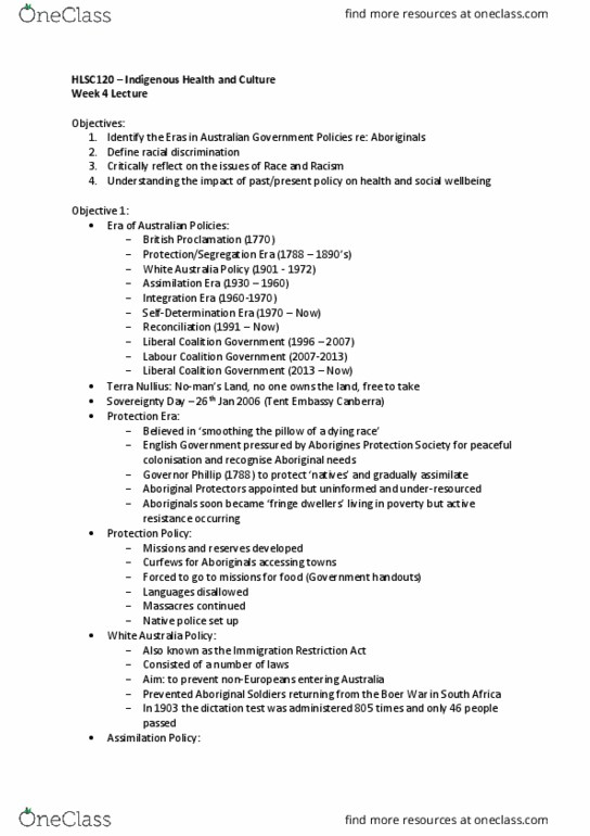 HLSC120 Lecture Notes - Lecture 4: White Australia Policy, Immigration Restriction Act 1901, Terra Nullius thumbnail