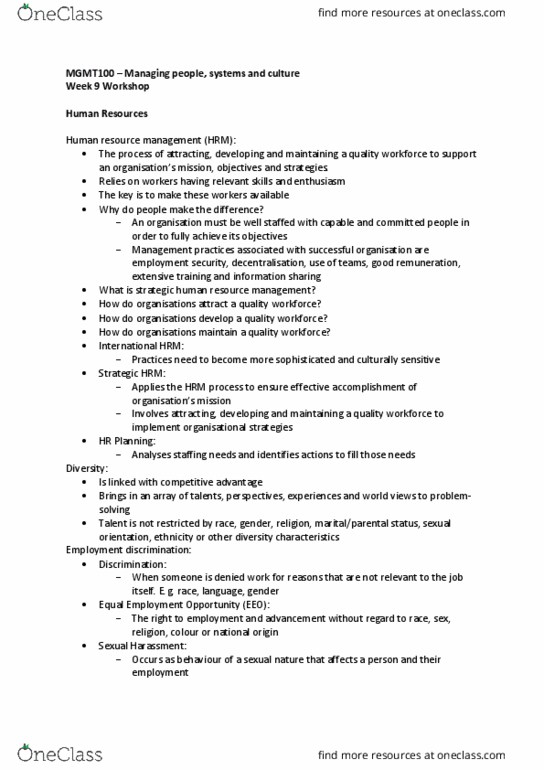 MGMT100 Lecture Notes - Lecture 9: Human Resource Management, Employment Discrimination, Management System thumbnail