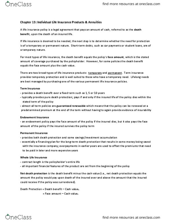 BU353 Lecture Notes - Lecture 13: Life Insurance, Whole Life Insurance, Endowment Policy thumbnail