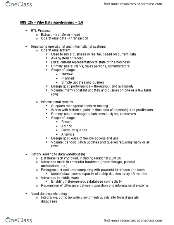 MIS 325 Lecture Notes - Lecture 29: Data Warehouse, Computer Hardware, Business Analytics thumbnail