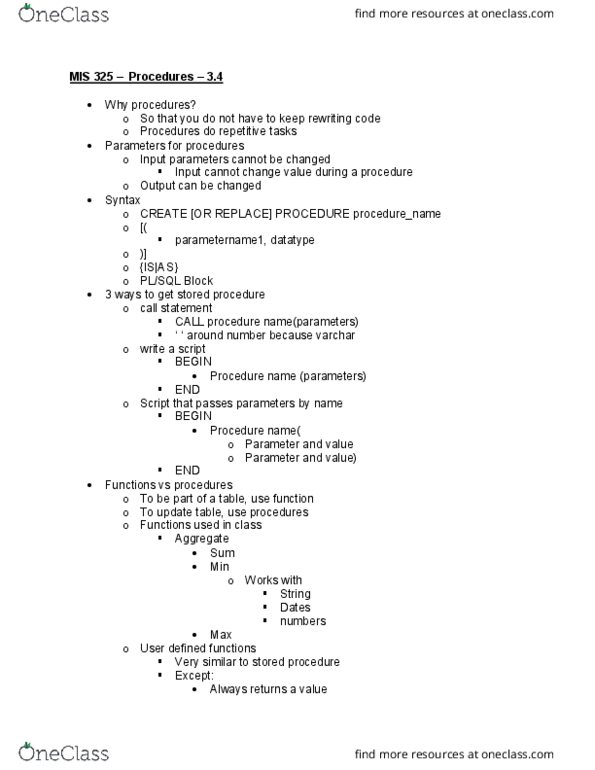 MIS 325 Lecture Notes - Lecture 27: Transaction Processing System, Stored Procedure, Sql thumbnail