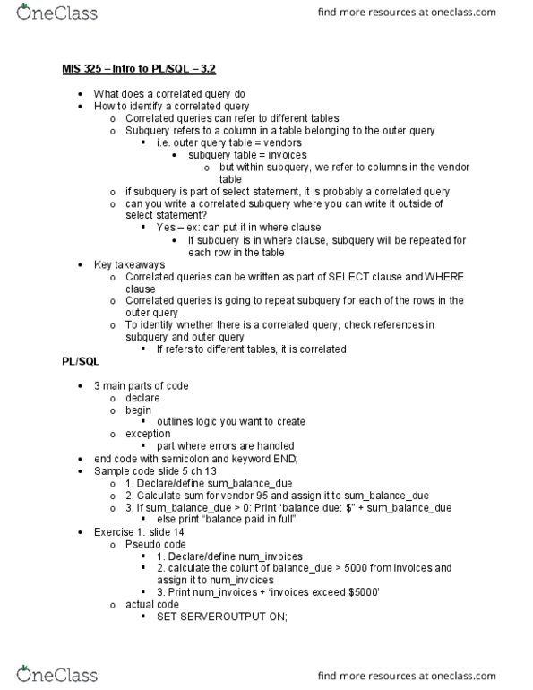 MIS 325 Lecture Notes - Lecture 25: Sql, Semicolon thumbnail