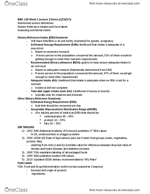 BIBC 120 Lecture Notes - Lecture 2: Dietary Reference Intake, Nutrient, Calorie thumbnail