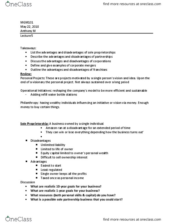 MGM101H5 Lecture Notes - Lecture 5: Sole Proprietorship, Limited Partnership, Double Taxation thumbnail