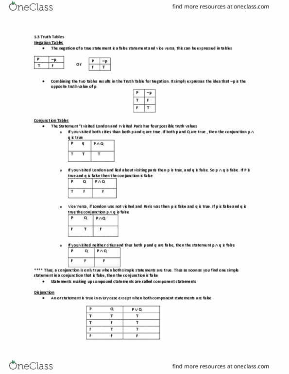 GNED 1101 Chapter Notes - Chapter 1.3: Truth Table thumbnail