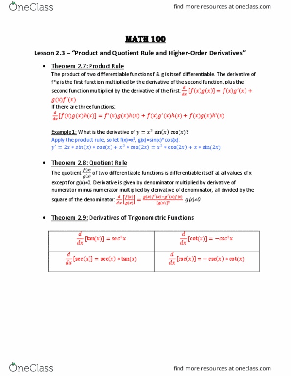 MATH 100 Lecture Notes - Lecture 3: Quotient Rule, Trigonometric Functions, Product Rule thumbnail