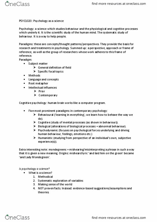 PSYC1020 Lecture Notes - Lecture 1: Mondegreen, Cognitive Psychology, Falsifiability thumbnail