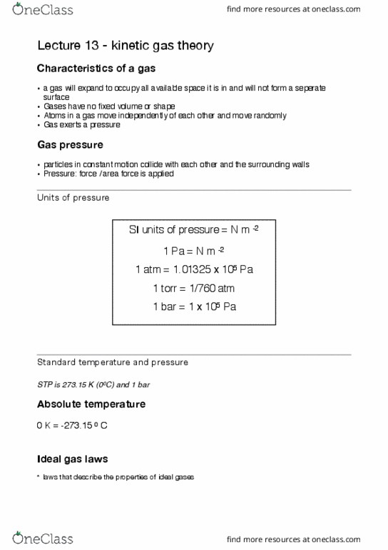 CHEM1100 Lecture Notes - Lecture 13: Ideal Gas, Gas Constant, International System Of Units thumbnail
