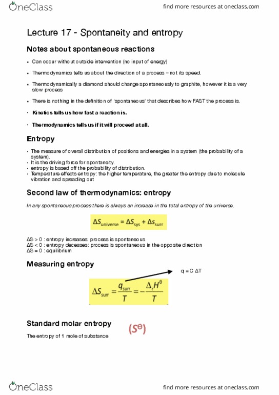 CHEM1100 Lecture Notes - Lecture 17: Standard Molar Entropy, Spontaneous Process, Thermodynamics thumbnail
