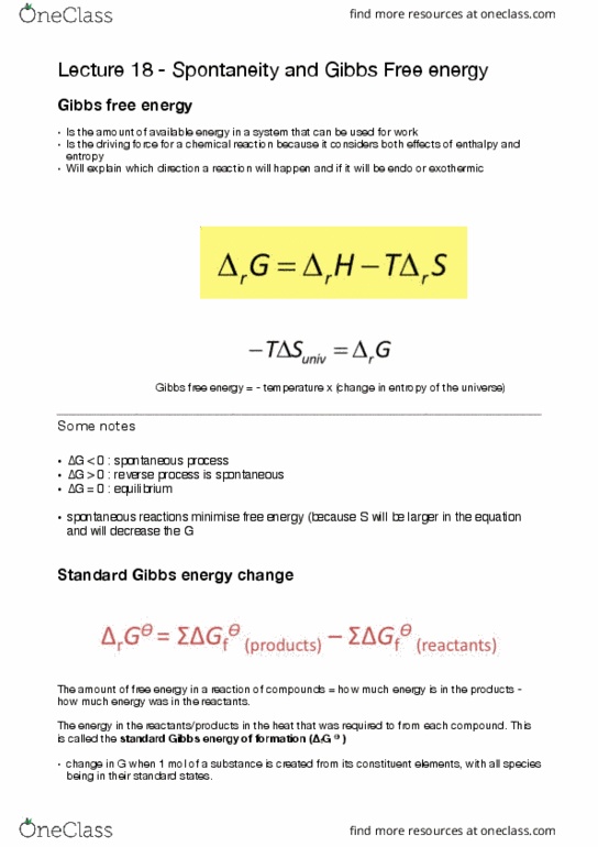 CHEM1100 Lecture Notes - Lecture 18: Gibbs Free Energy, Spontaneous Process, Endergonic Reaction thumbnail
