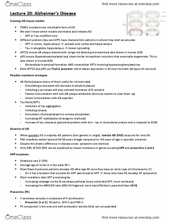 CJH332H1 Lecture Notes - Lecture 20: Amyloid Precursor Protein Secretase, Presenilin, Psen1 thumbnail