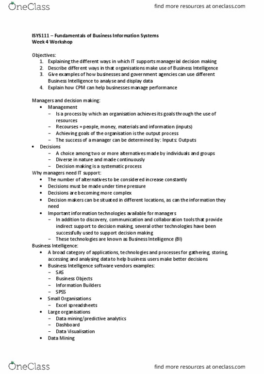 ISYS111 Lecture Notes - Lecture 4: Data Mart, Data Mining, Data Warehouse thumbnail