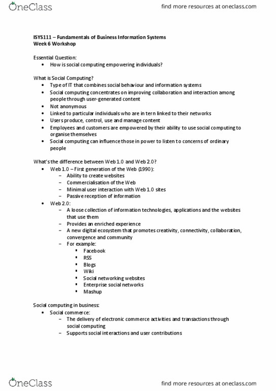 ISYS111 Lecture Notes - Lecture 6: List Of Social Networking Websites, Enterprise Social Networking, Social Computing thumbnail