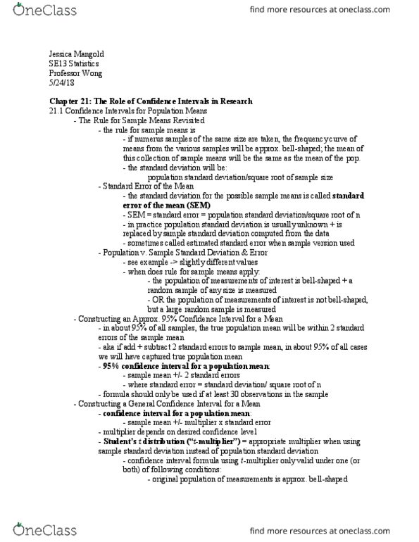 SOCECOL 13 Chapter Notes - Chapter 21: Confidence Interval, Confounding, Nicotine thumbnail