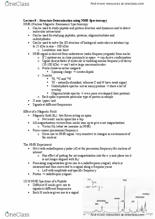 BCH3052 Lecture Notes - Lecture 8: Proton Nuclear Magnetic Resonance, Nuclear Magnetic Resonance, Spectroscopy thumbnail