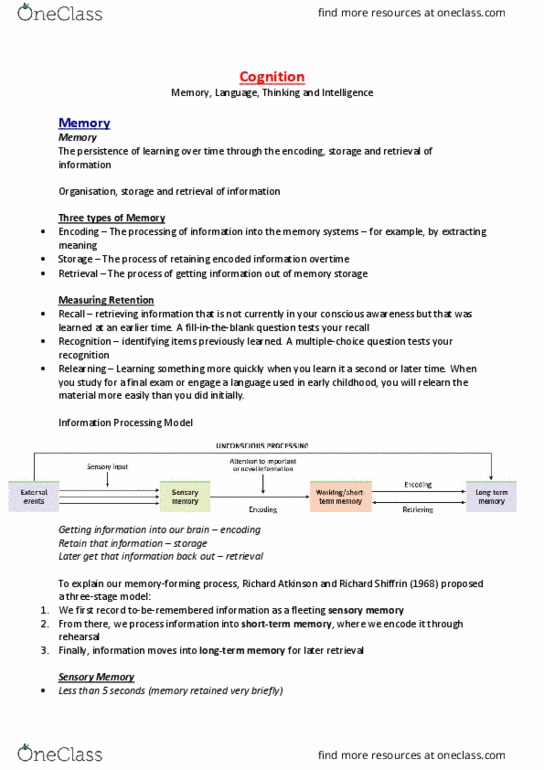 BESC1020 Lecture Notes - Lecture 3: Richard Shiffrin, Sensory Memory, Explicit Memory thumbnail