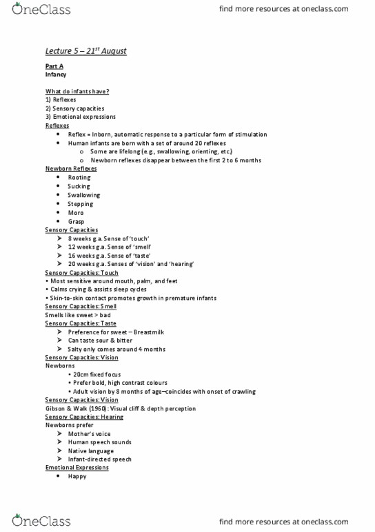 PSYC1030 Lecture Notes - Lecture 5: Primitive Reflexes, Depth Perception, Habituation thumbnail