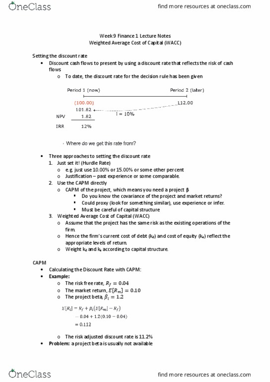 EFB210 Lecture Notes - Lecture 9: Risk-Free Interest Rate, Capital Asset Pricing Model, Cash Flow thumbnail