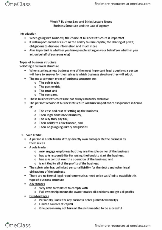 BSB111 Lecture Notes - Lecture 7: Sole Proprietorship, Limited Liability, Corporations Act 2001 thumbnail