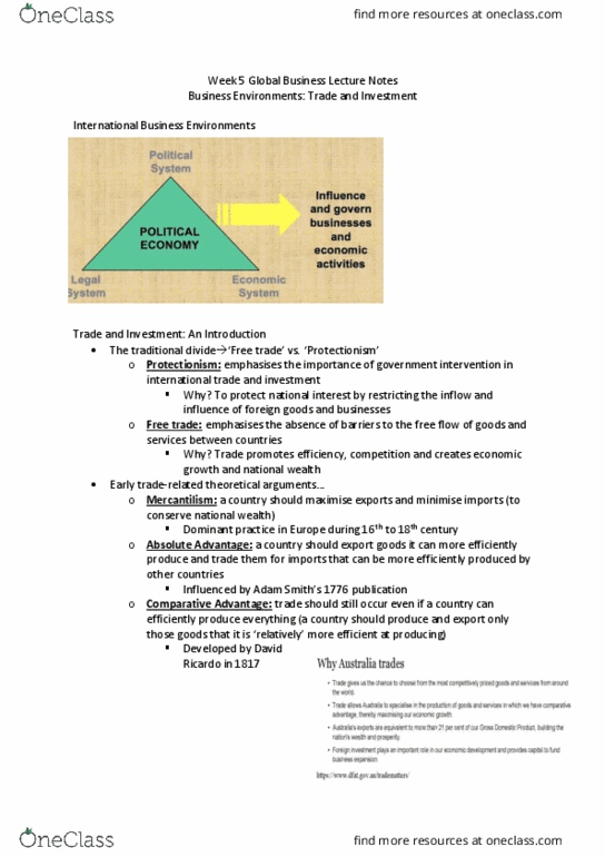 BSB119 Lecture Notes - Lecture 5: Protectionism, Comparative Advantage, Mercantilism thumbnail