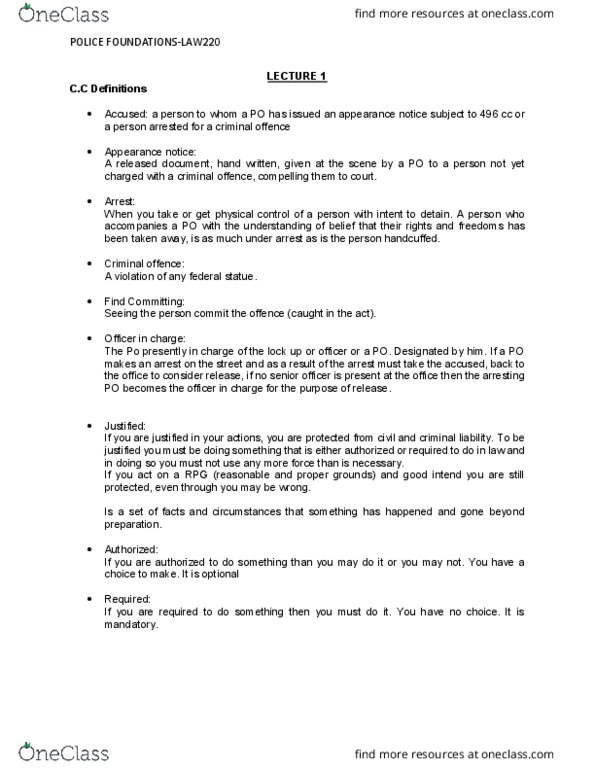 Police Foundations LAW220 Lecture 1: LAW220- Arrest , search and Force thumbnail