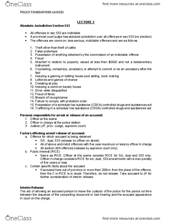 Police Foundations LAW220 Lecture Notes - Lecture 3: Indictable Offence, Brothel, False Pretenses thumbnail