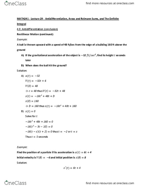 MATH241 Lecture Notes - Lecture 29: Antiderivative thumbnail