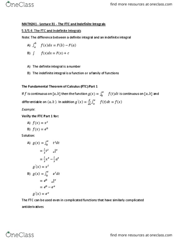 MATH241 Lecture Notes - Lecture 31: Antiderivative thumbnail